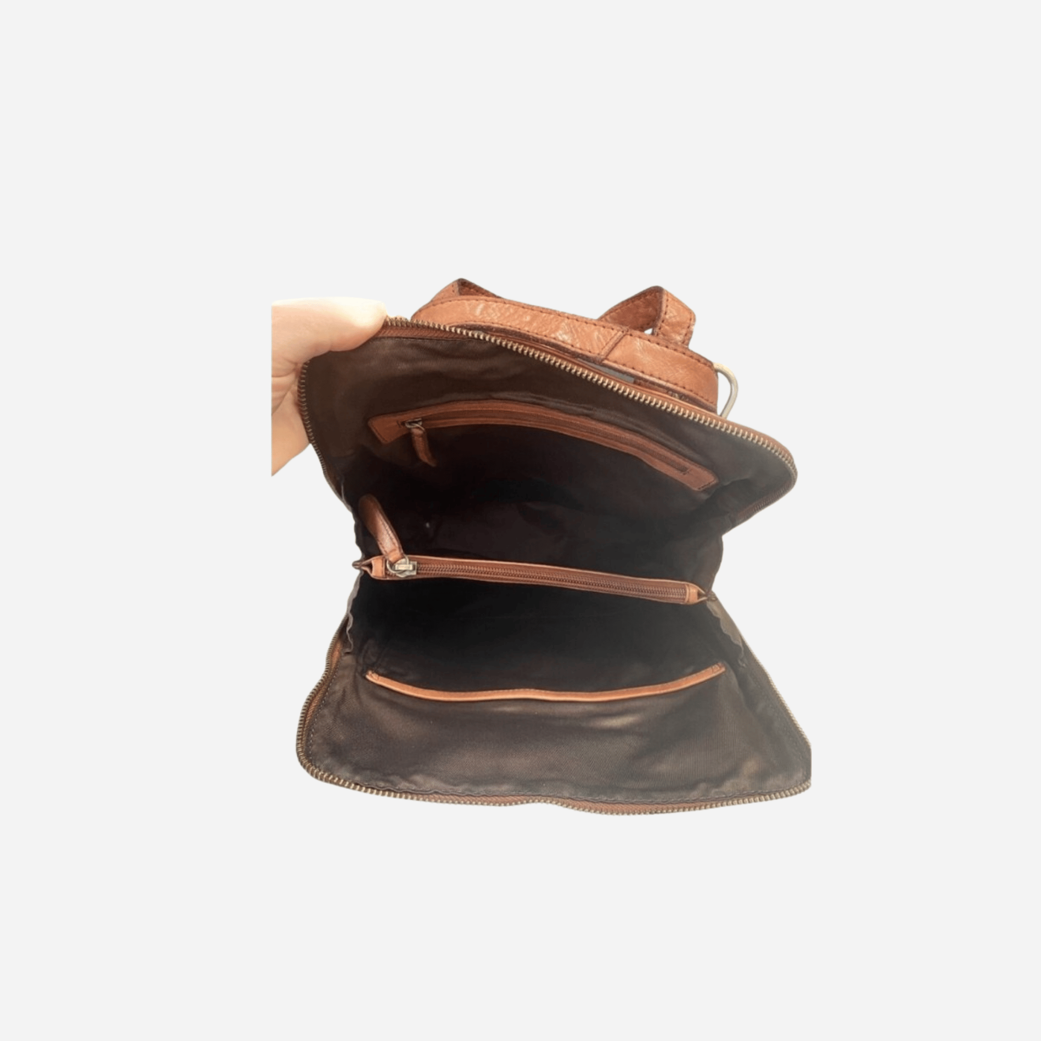 Ladies-tan-leather-backpack-inside-view-Vanessa_BeltUp Leather Co.