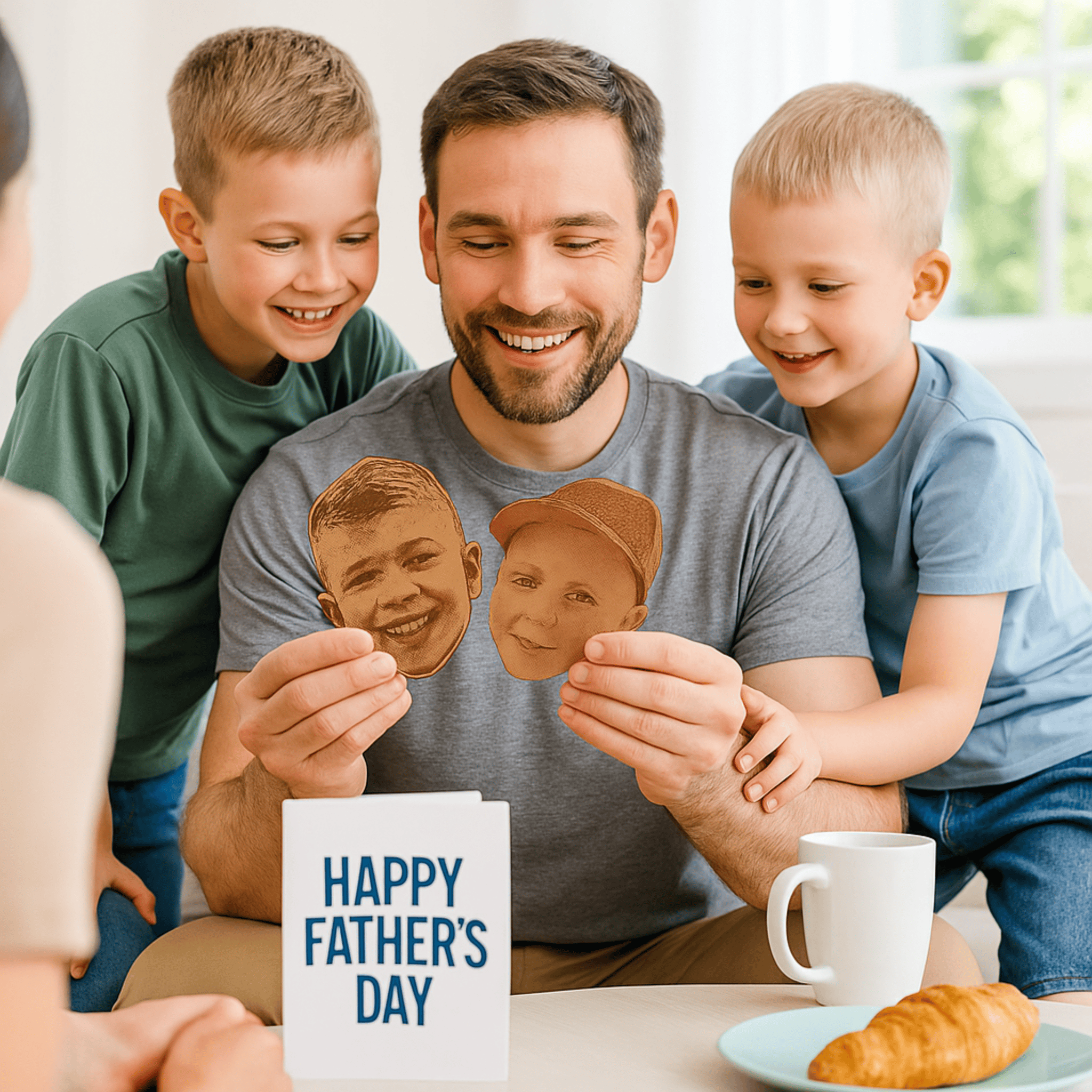 Man holding leather coasters in the form of his children's faces - BeltUp Leather Co.