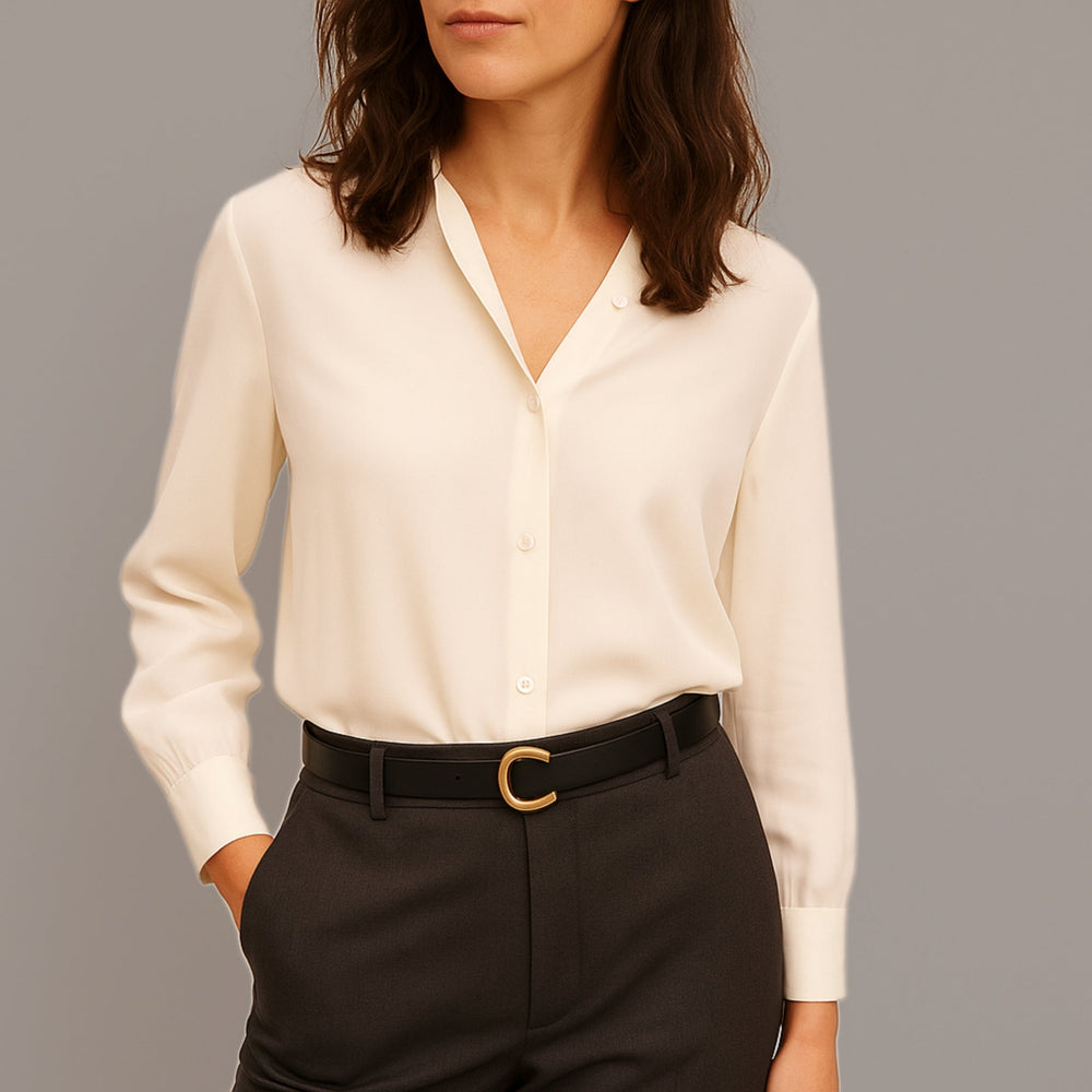 Lady in corporate clothes wearing a black 28mm Top Grain Leather Belt  with an Antique Gold Buckle - BeltUp Leather Co.