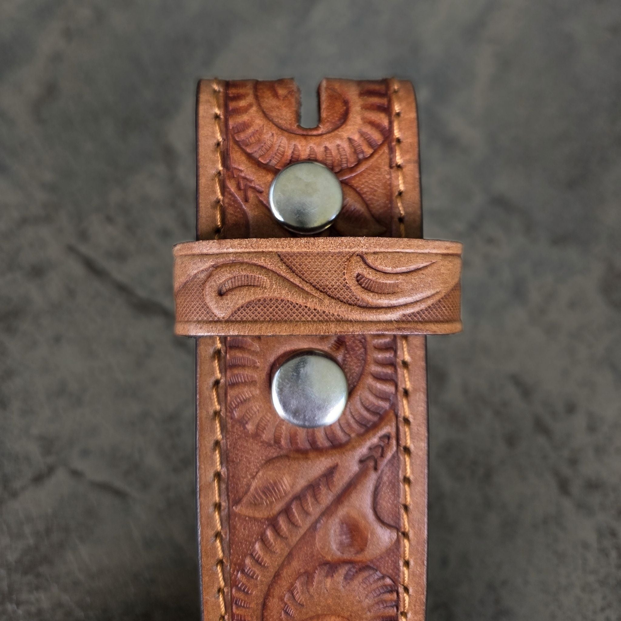 38mm tan leather belt with tribal embossed pattern and press studs - BeltUp Leather Co.