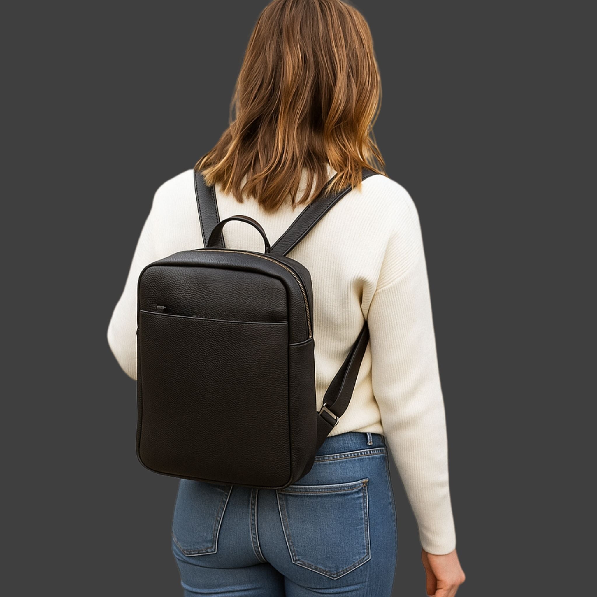 Lady wearing Singleton black leather backpack - BeltUp Leather Co.
