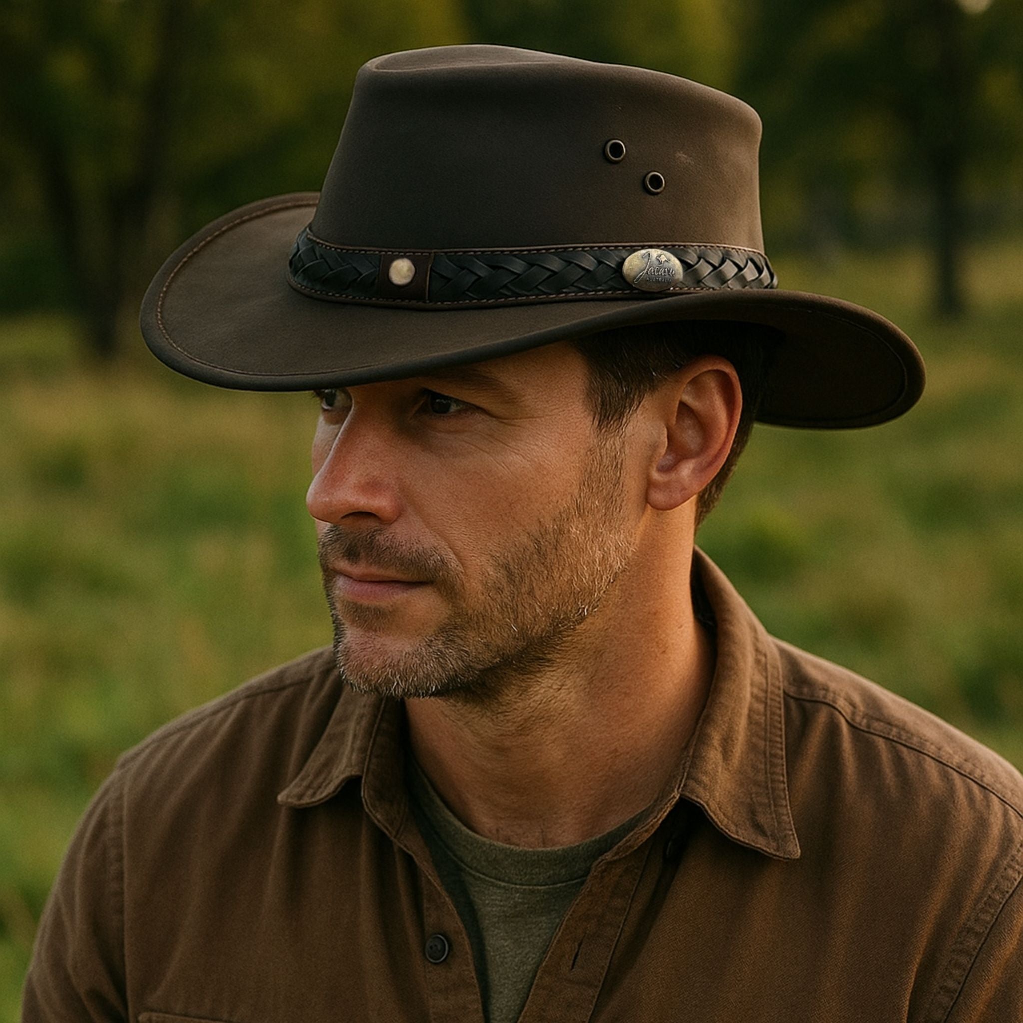 Man wearing Jacaru Bush Tucker Hat in the outdoors - BeltUp Leather Co.