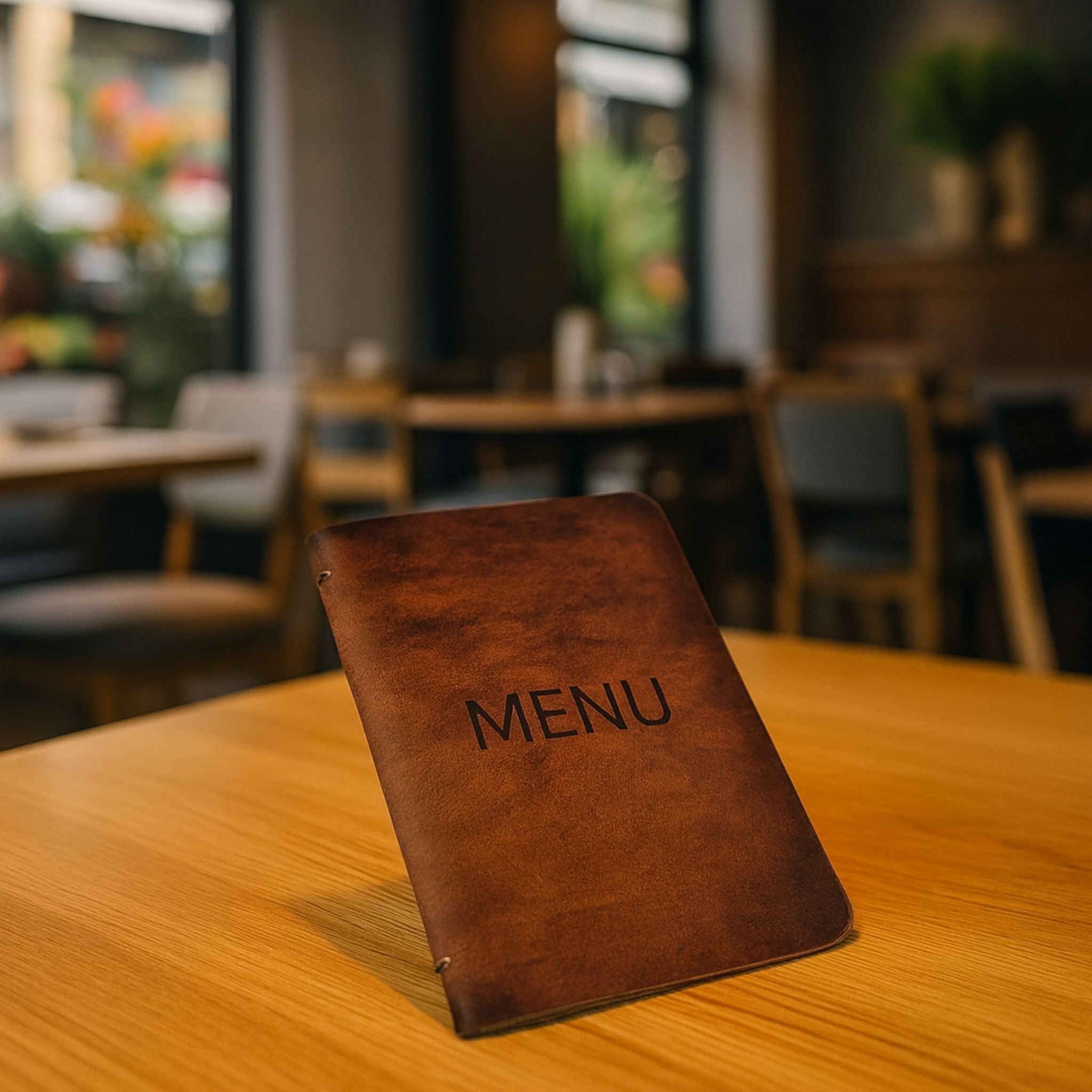 Leather Menu Cover on table - BeltUp Leather Co.