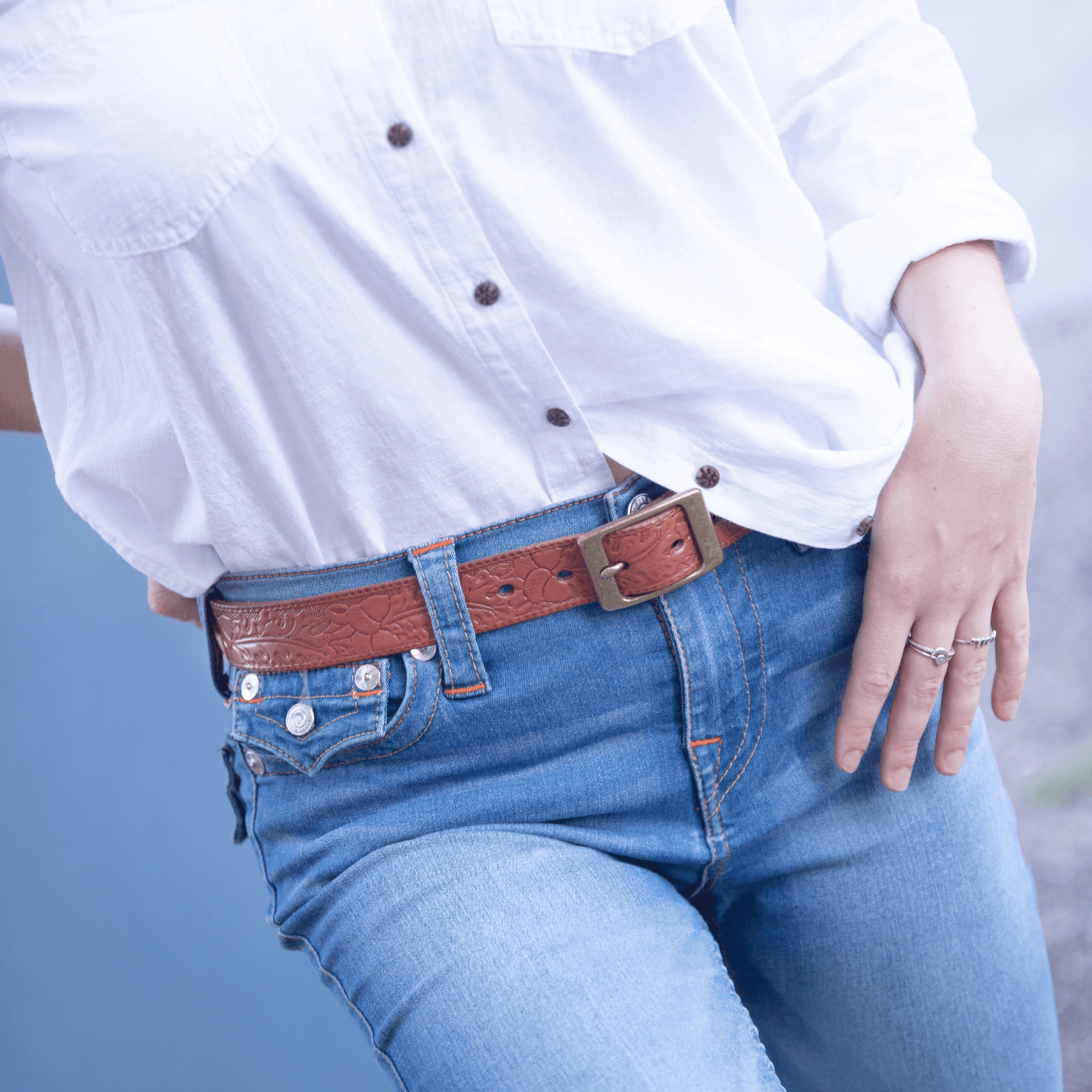 Ladies Embossed Tan, 100%  Leather Belt with Solid Brass Buckle - 32mm Width - BeltUpOnline